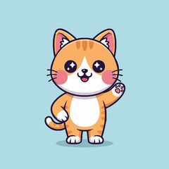 Adorable ginger cat character with a cute waving gesture. This friendly kawaii kitten says hello with a happy smile. Cartoon vector animal illustration