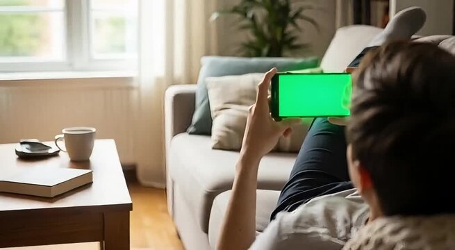 Relaxed guy watches trending videos on phone with green screen while lounging on couch, perfect for social media campaign mockups or app advertisements