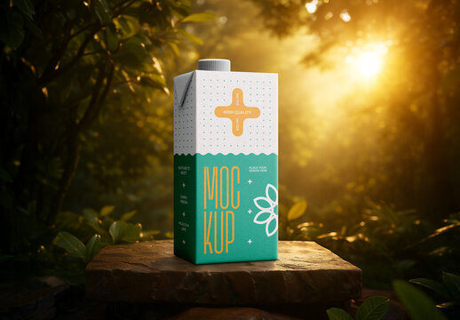Realistic Carton Packaging Mockup in Natural Outdoor Scene &ndash; Professional Beverage Box Template for Juice, Milk, Smoothie and Drink Branding Presentation