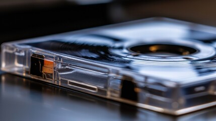 A close-up view of a cassette tape in a clear plastic case.
