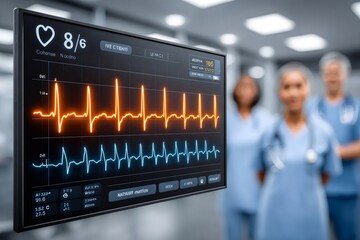 Heart monitor displaying vital signs with medical staff watching