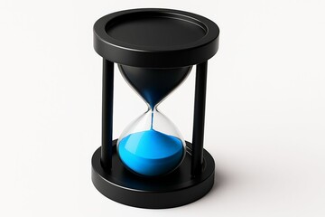 A black hourglass with bright blue sand flowing from the top bulb to the bottom bulb on a white background