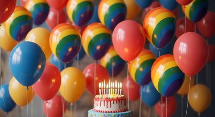 "Colorful Birthday Celebration with Balloons and Candlelit Cake"