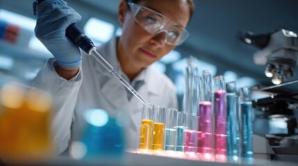 Female Scientist in Lab Coat & Goggles Using Pipette to Transfer Liquid into Test Tubes – Lab Setting, Photorealistic 8K Ultra HD
