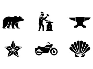 Black and White Icon Set Bear, Blacksmith, Anvil, Star, Motorcycle, Seashell