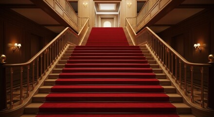 Fototapeta premium Elegant Grand Staircase with Red Carpet in Luxurious Mansion Interior