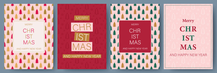 Merry Christmas greeting cards set. Classic Christmas design with Christmas symbols and typography. Elegant illustrations for banners, posters, and covers.
