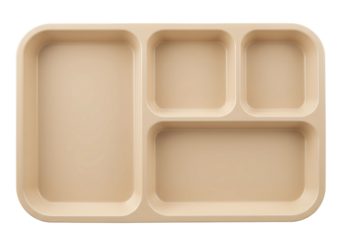 Empty beige compartmentalized cafeteria tray isolated on transparent background