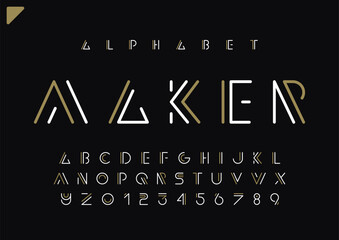 Abstract modern font, minimalistic trendy alphabet made linear style, black graphic futuristic letters and numerals, vector illustration 10EPS

