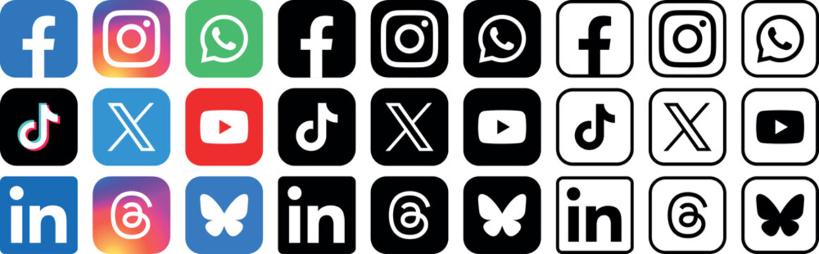 Facebook, instagram, whatsapp, tiktok, x, youtube, linkedin, bluesky vector logo. High resolution png icon square buttons. Social media network logo buttons on transparent background.