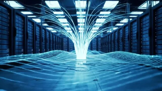 Dynamic data stream flowing through server room in blue, great for tech background - Powered by Adobe
