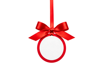 Red ribbon bow with oval tag isolated on transparent background