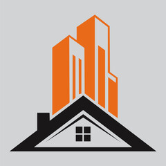 Modern real estate logo design featuring a house roof and building silhouette in orange and black colors