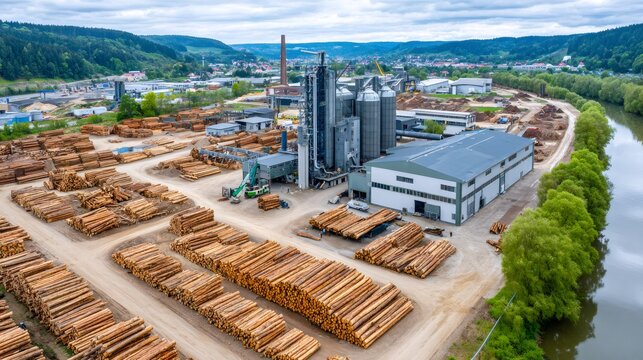 Aerial view of a timber processing factory by river
