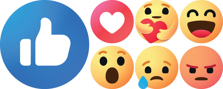 Facebook Emoji Set. Like, Love, Heart, Thumbs Up, Angry, Wow, Sad, Hand Icons. Vector Reaction Button Collection. Official Facebook Reactions Vector. Facebook Social Reaction Emojis.