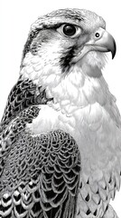Detailed close-up of a falcon's head and feathers, showcasing intricate shading and texture.
