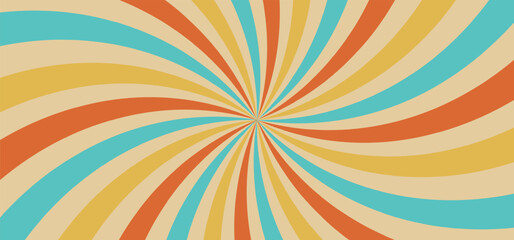 Swirl groovy sunburst, circus marquee pattern, vintage carnaval background, red circle rays on beige. Abstract bg with grunge texture, vector illustration of marquee strip, old paper bg.
