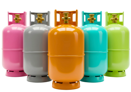 Collection of colorful gas cylinders isolated on transparent background