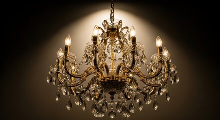 Elegant Crystal Chandelier with Warm Lighting in Dark Room