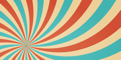 Swirl groovy starburst, circus marquee pattern, vintage carnaval background, red circle rays on beige. Abstract bg with grunge texture, vector illustration of marquee strip, old paper bg.