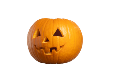 Bright orange pumpkin with carved face, showcasing traditional Halloween design, isolated on white background, perfect for seasonal decorations and festive celebrations