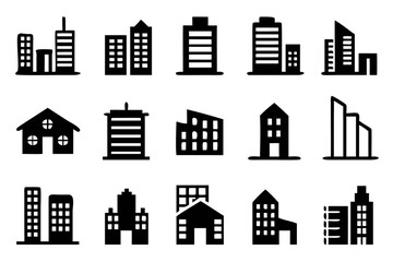 Obraz premium Collection of city buildings icons a set of various building icons, including houses, skyscrapers, and other structures