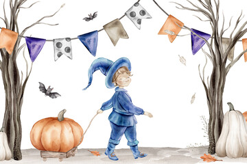 Halloween Banner watercolor illustration with wizard in a blue suit and hat with a wooden cart with Pumpkin. Drawing of autumn frame with garlands on isolated background. Border with fall leaves