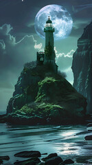 Lighthouse Under Moonlight: A majestic lighthouse stands tall, its beacon shining brightly against the backdrop of a huge moon and a serene seascape, illuminated under a starlit, dramatic sky.