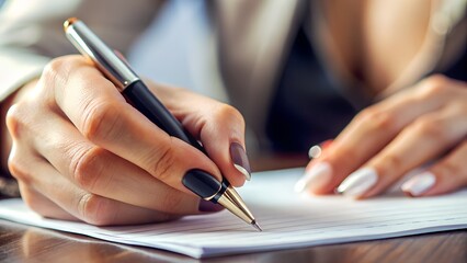 Close up of a woman s hands writing with a pen on paper