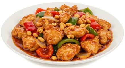 Delicious kung pao chicken served in a white bowl with white background