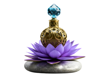 Ornate golden perfume bottle with purple lotus flower isolated on transparent background