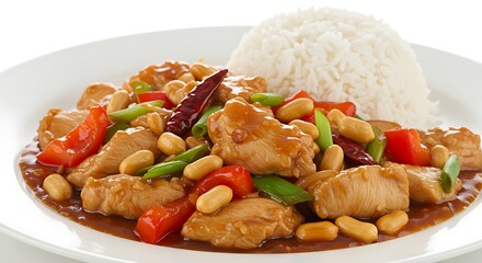 Delicious kung pao chicken served with fluffy white rice on a white plate