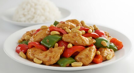 Delicious kung pao chicken with bell peppers and peanuts served with rice