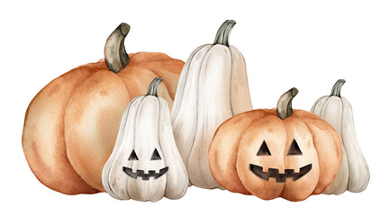 Halloween compositions with White and Orange Pumpkins with a hook and face. Watercolor Hand Drawn Illustration for Autumn Decor. Drawing of Gourd for Halloween with smile.