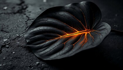Conceptual macro shot of a matte black leaf with glowing, fiery orange veins. A symbol of energy, life, and nature's power. Dark, moody, and high-contrast background with a futuristic feel