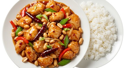 Delicious kung pao chicken with white rice on a plate