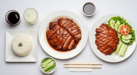 Delicious roasted duck and rice meal with condiments