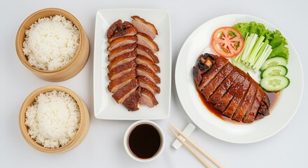 Delicious thai food presentation with grilled meat and rice