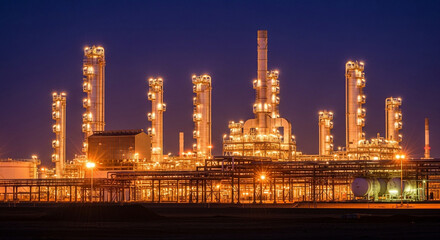 Twilight's Golden Citadel: A Sprawling Oil Refinery Illuminated Against a Deep Blue Sky