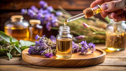 Lavender essential oil being dripped from a dropper into a small glass bottle with lavender flowers