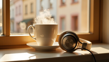 lofi coffee break with steaming cup and headphones on windowsill. Relaxing atmosphere for study and work background. Musical intro and chill vibes.