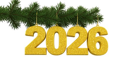 Golden 2026 numbers hanging from christmas tree branch