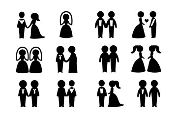 Collection of wedding couple icons in various poses, representing diverse relationships and celebrations, for versatile use