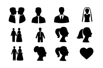Diverse collection of wedding and relationship icons, featuring couples, individuals, and symbols of love, for versatile use