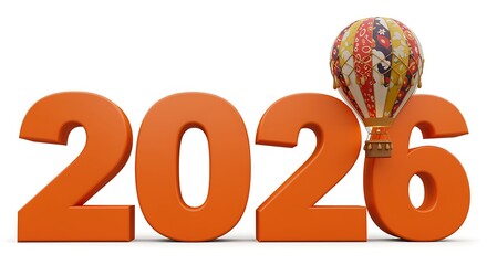 Orange 2026 numbers with a hot air balloon on a white background