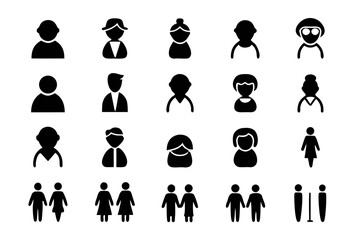Diverse collection of simple black people icons, representing various genders, ages, and relationships in a minimalist style