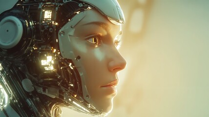 Futuristic humanoid robot displaying a profound fusion of advanced cybernetics and human aesthetics, symbolizing the future of artificial intelligence and technological evolution