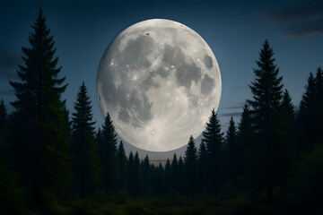 Naklejka premium Surreal Giant Supermoon Rising Above Forest at Night