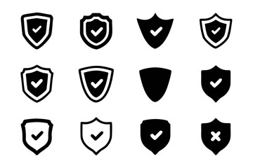 Collection of twelve handdrawn shield icons with check marks, , representing security, protection, and validation concepts