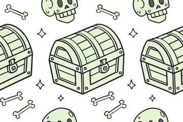 Seamless pattern of pirate treasure chests, skulls, and crossbones on a vector background